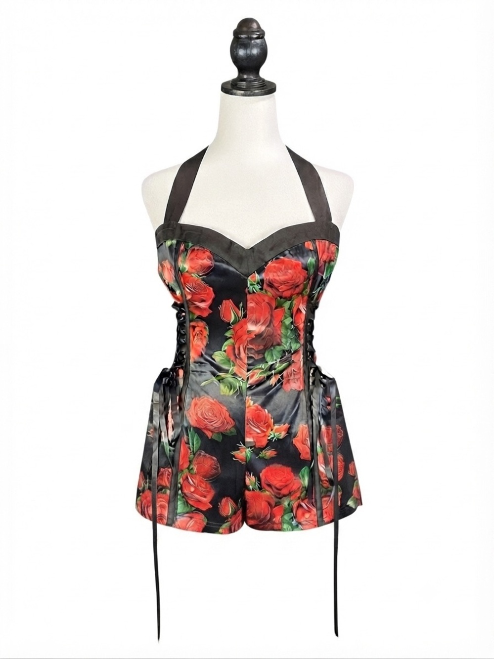 Dolls Kill Sugar Thrillz Romper Black Red Rose Floral Corset Halter Goth L NWOT - Picture 2 of 10
